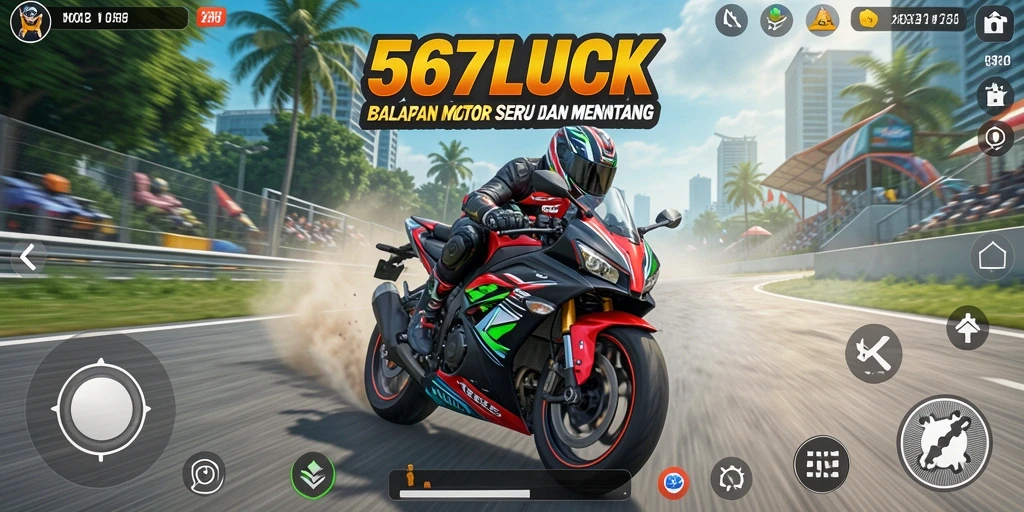 Gameplay 567LUCK dengan aksi balapan motor yang seru.