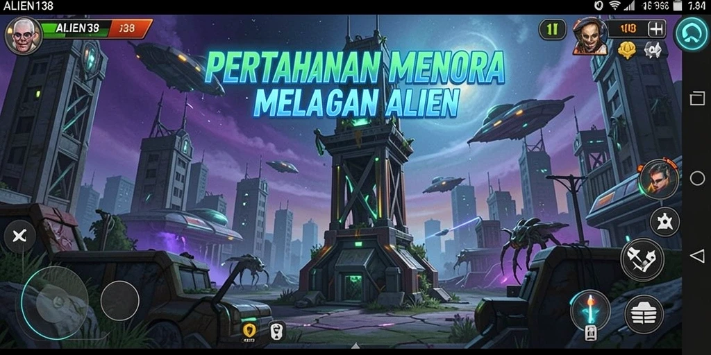 Tampilan gameplay ALIEN138 yang mendebarkan saat pertahanan menara melawan alien.