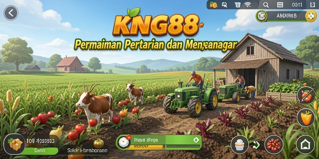 Tampilan gameplay KING88 dengan aktivitas bertani yang seru.