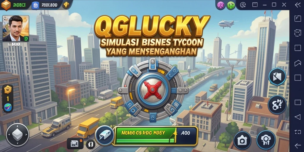 Tampilan gameplay QGLUCKY yang menonjolkan simulasi bisnis Tycoon.