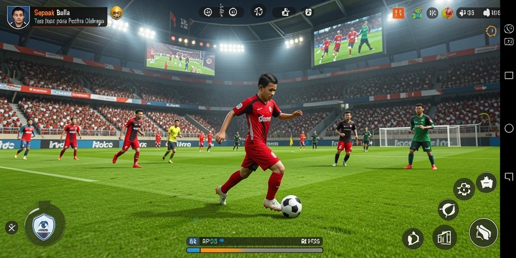 Screenshot utama RP55 menampilkan aksi seru di lapangan sepak bola.
